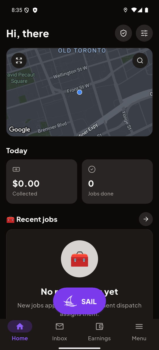 Ansio Jobs — driver home and today's earnings