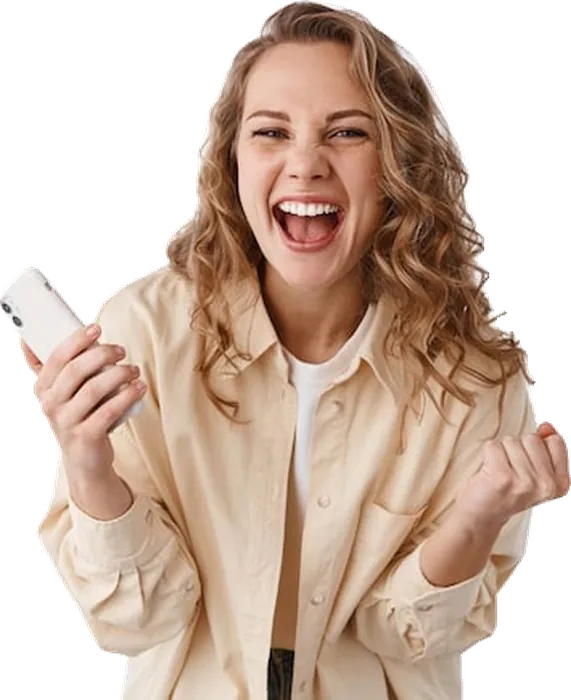 Happy customer holding her repaired phone
