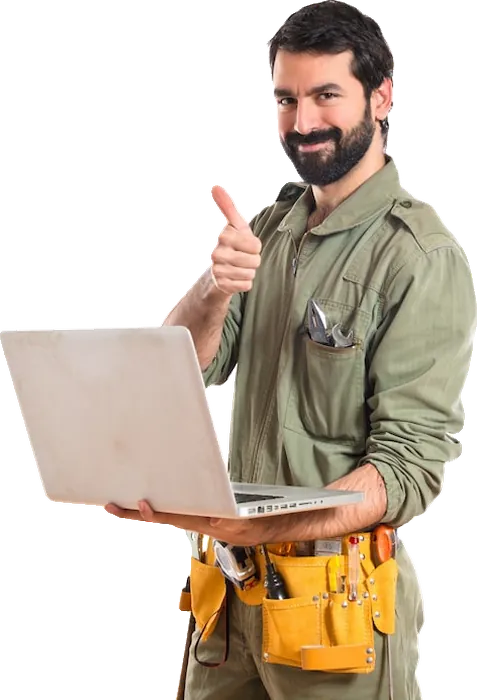 Ansio technician with a laptop and tool belt